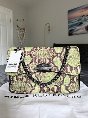 Aimee Kestenberg Green and Brown Snake-Print Quilted Shoulder Bag